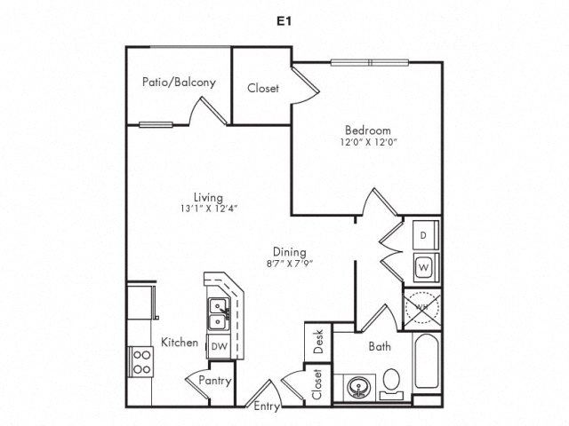 Floor plan for 1 bed, 1 bath, 691 sqft